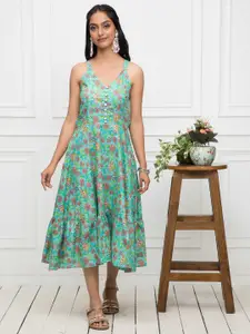 Myshka Floral Printed Cotton A-Line Midi Dress
