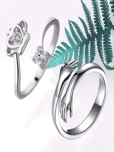 UNIVERSITY TRENDZ Set of 2 Silver-Plated Stone-Studded Adjustable Finger Rings
