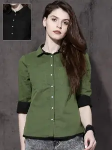 Roadster Women Olive Green & Black Regular Fit Solid Sustainable Casual Shirt