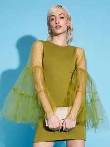 SASSAFRAS Green Bell Sleeve Net Sheath Mini Dress