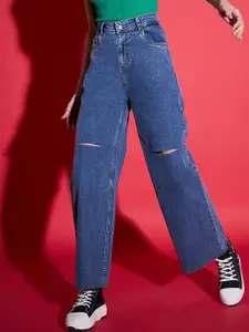 SASSAFRAS Women Navy Blue Straight Fit High-Rise Slash Knee Stretchable Jeans