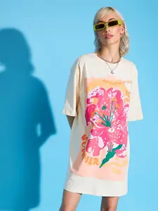SASSAFRAS Beige Floral Print A-Line Dress