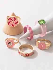 DressBerry Set Of 6 Gold-Plated  Enameled Finger Ring