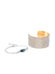 DressBerry Women Set Of 2 Gold-Plated Blue & Silver-Toned Cuff Bracelet