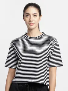 PUNK Striped Drop-Shoulder Sleeves Monochrome Cotton T-shirt