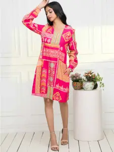 Myshka Ethnic Printed Ruffled V-Neck A-Line Dress