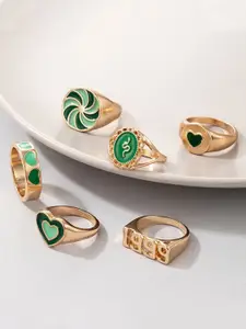 DressBerry Set Of 6 Gold-Plated Stone Studded Finger Rings