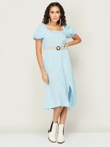 CODE by Lifestyle Linen Square Neck Puff Sleeves A-Line Midi Dress