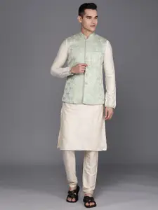 Manu Men Self Design Linen Blend Kurta Set with Nehru Jacket