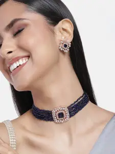 Estele Rose Gold Plated CZ Square Choker Necklace Set with Navy Blue Beads for Women