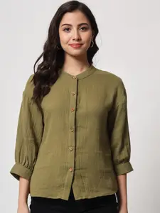 CHARMGAL Mandarin Collar Cuffed Sleeves Cotton Shirt Style Top
