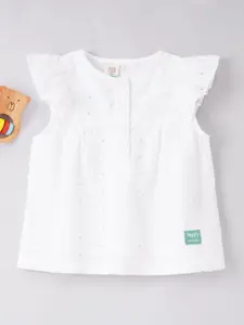Ed-a-Mamma Baby Girls Self Design Cap Sleeves Gathered Cotton Schiffli Top