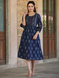 Juniper Women Nay Blue Floral Printed Embellished Cotton A-Line Ethnic Dress