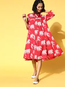 InWeave Printed Shirt Collar Fit & Flare Midi Dress