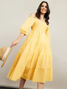 Styli Off Shoulder Puff Sleeve Smocked Tiered Cotton Midi Dress
