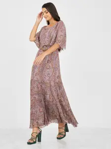 Styli Ethnic Motifs Printed Square Neck Flared Sleeves Accordion Pleated Maxi Dress