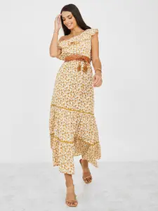 Styli Floral Printed One Shoulder Tiered Maxi Dress