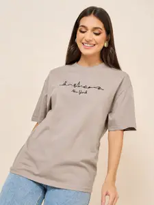 Styli Typography Printed Drop Shoulder Sleeves Relaxed Fit Cotton T-shirt