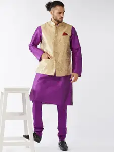 VASTRAMAY Woven Design Mandarin Collar Regular Kurta With Churidar & Nehru Jacket