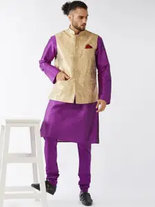 VASTRAMAY Woven Design Mandarin Collar Regular Kurta With Churidar & Nehru Jacket