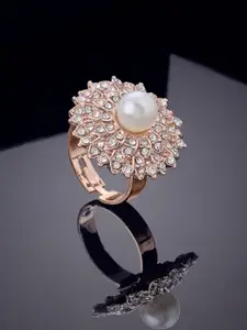 Estele Rose Gold-Plated Crystal-Studded & Pearl Beaded Adjustable Finger Ring