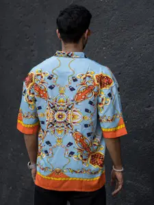 Powerlook Men Blue & Orange India Slim Printed Drop Shoulder Sleeves Boxy Casual Shirt