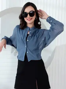 KASSUALLY Teal Blue  Semi Sheer Self Design Mandarin Collar Dobby Casual Shirt