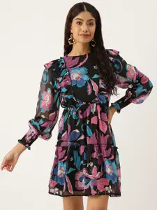 Deewa Floral Print Puff Sleeve Chiffon Fit & Flare Midi Dress