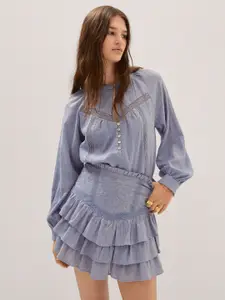 MANGO Floral Lace Insert & Ruffle Detail A-Line Mini Skirt