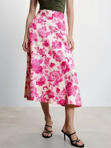 MANGO Floral Printed Pure Cotton Midi Flared Skirt
