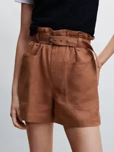 MANGO Women High-Rise Linen Shorts with Belt