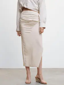 MANGO Linen Pencil Side Slit Skirt With Gathered Details