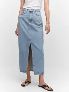 MANGO Pure Cotton High-Rise Denim Solid Front Slit Straight Maxi Skirt
