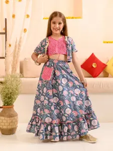 pspeaches Girls Floral Printed Striped Ready to Wear Lehenga Choli With Waist Coat