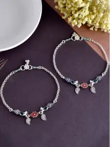 Silvermerc Designs Set Of 2 Silver-Plated Intricate Textured Stone Studded Anklets