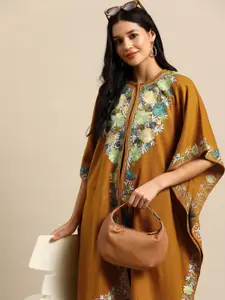 Sangria Floral Embroidered Flared Sleeves Thread Work Acrylic Fusion Kaftan Kurta