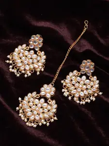 DIVA WALK Gold-Plated Kundan-Studded & Beaded Earrings With Maangtika Jewellery Set