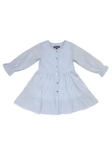 toothless Girls Striped Puff Sleeves Ruffles Detail Tiered Fit & Flare Dress