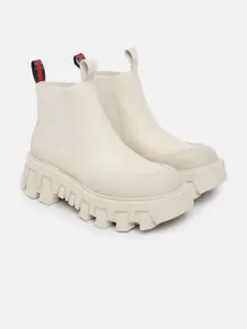 Tommy Hilfiger Women Textured Mid-Top Platform Rainboot Style Chunky Boots