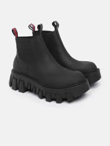 Tommy Hilfiger Women Textured Mid-Top Platform Rainboot Style Chunky Boots