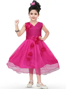 BAESD Girls Floral Self Design Net Fit & Flare Midi Dress