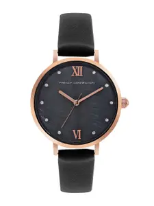 French Connection Women Embellished Dial & Black Leather Straps Analogue Watch FCN00065B