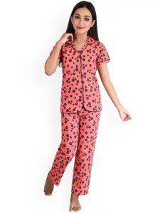Clothe Funn Girls Floral Printed Pure Cotton Night Suit