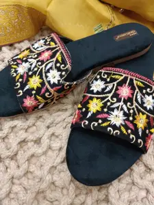 DESI COLOUR Women Floral Embroidered Suede Open Toe Flats