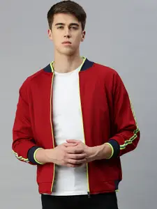 VOXATI Stand Collar Striped Open Front Bomber Jacket