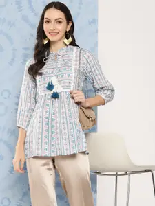 Yufta Printed Mandarin Collar Puff Sleeve Ethnic Cotton Top