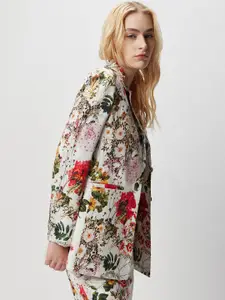 COVER STORY White Floral Printed Comfort-Fit Single Breasted Blazer