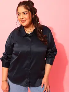 CURVY STREET Navy Blue Classic Opaque Casual Shirt