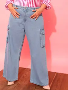 CURVY STREET Women Plus Size Blue Jean Wide Leg Pure Cotton Cargo Jeans