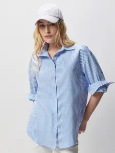 COVER STORY Blue & White Vertical Striped Boxy Opaque Cotton Casual Shirt